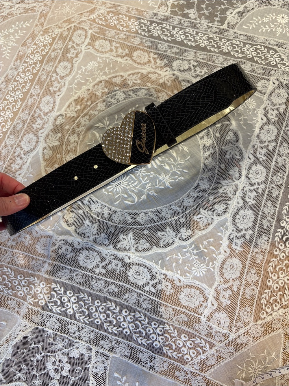 Guess Black Belt with Heart Crystal Buckle and Gold Trim